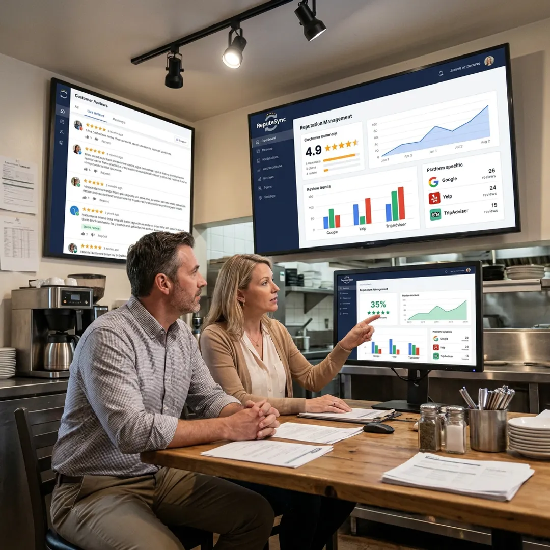 Restaurant team reviewing reputation dashboard