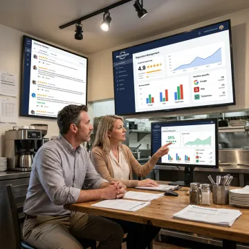 Restaurant team reviewing reputation dashboard