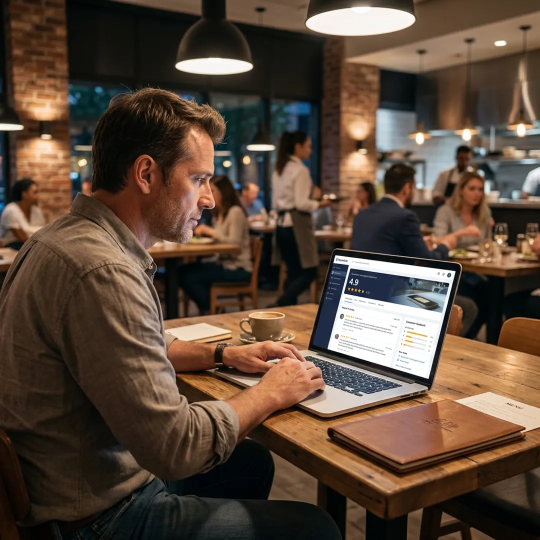 Restaurant owner reviewing online reputation dashboard