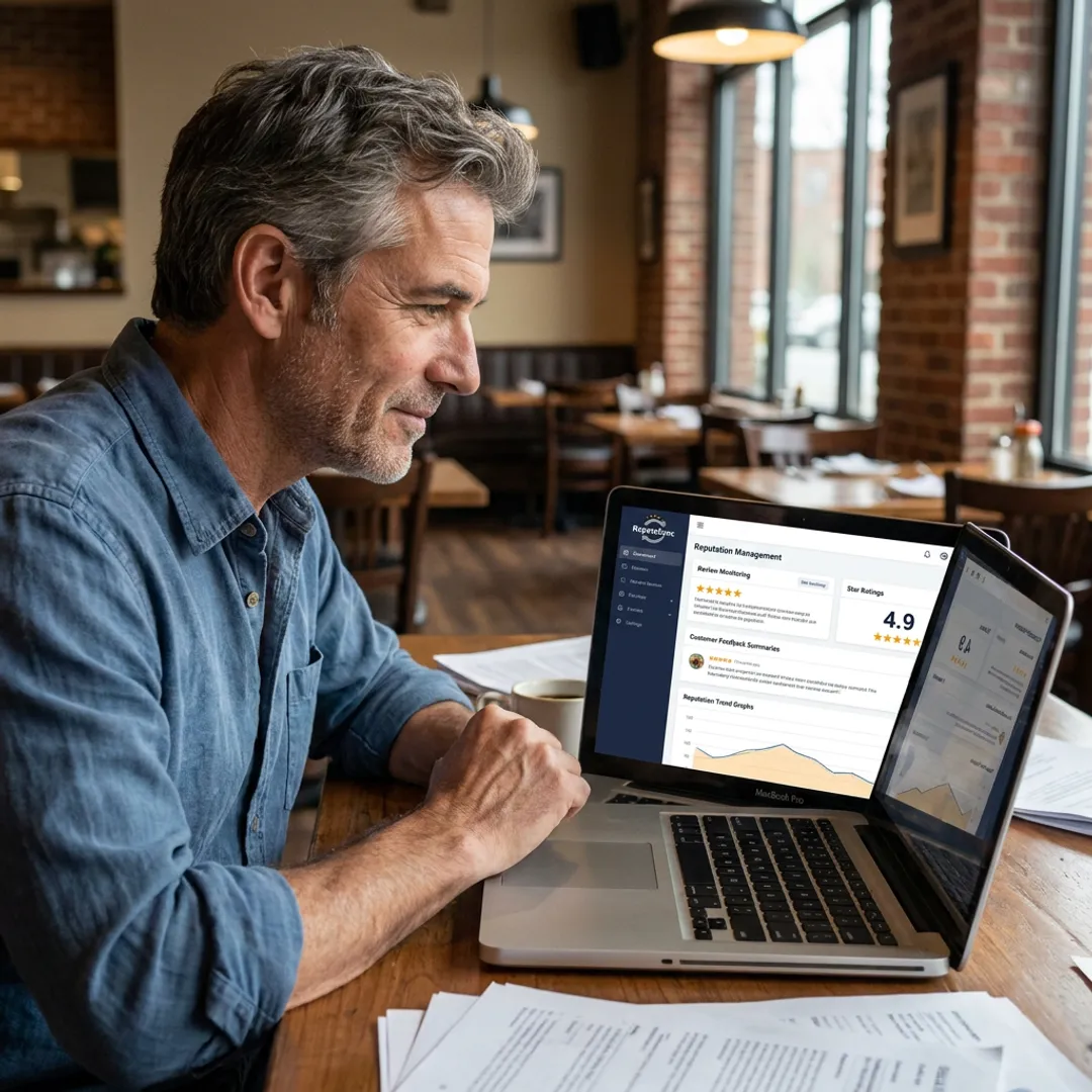 Restaurant owner reviewing online reputation dashboard