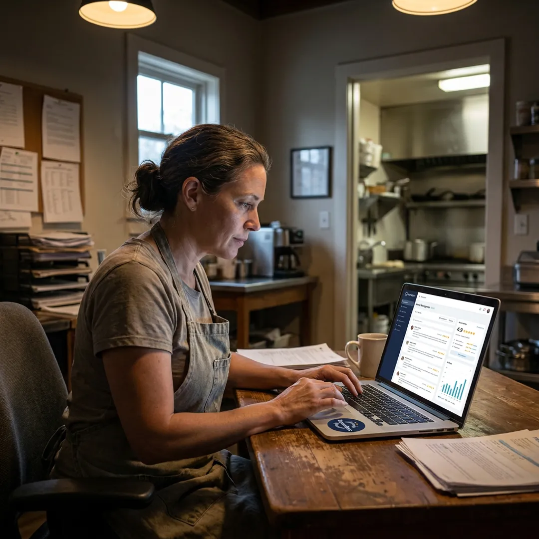 Restaurant owner reviewing online feedback dashboard