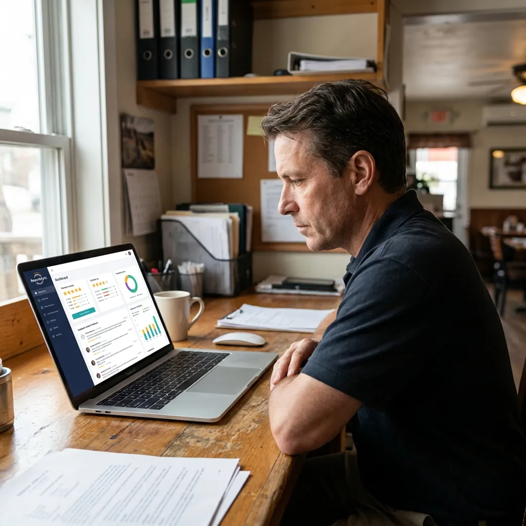 Restaurant owner reviewing reputation dashboard