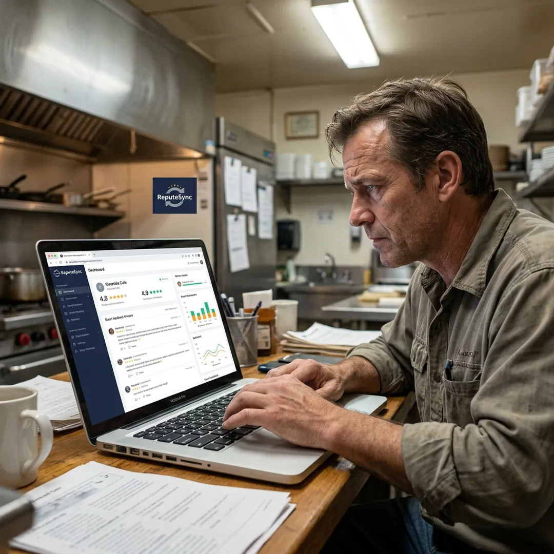 Restaurant manager reviewing customer feedback dashboard
