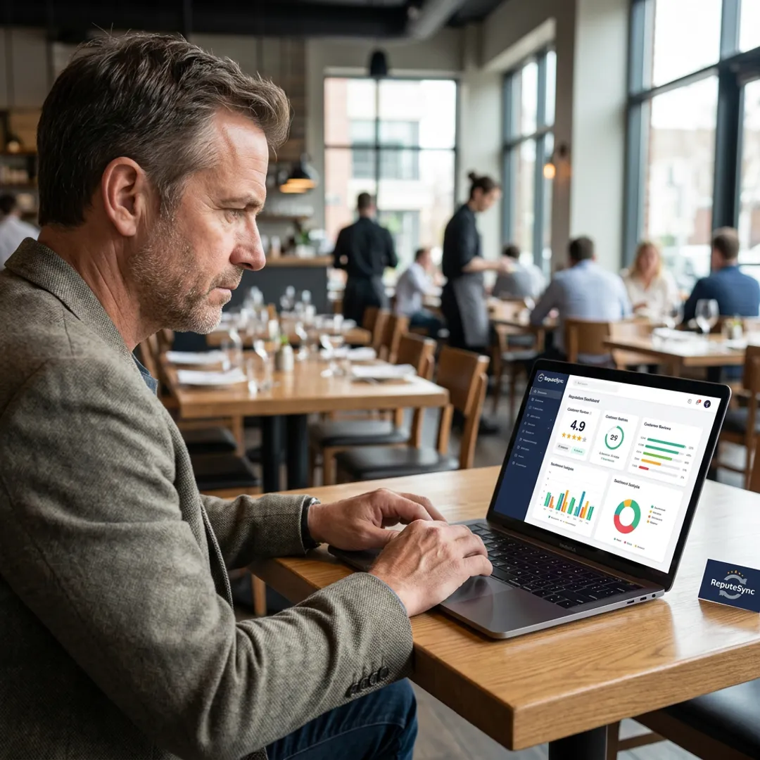 Restaurant owner reviewing online reputation dashboard