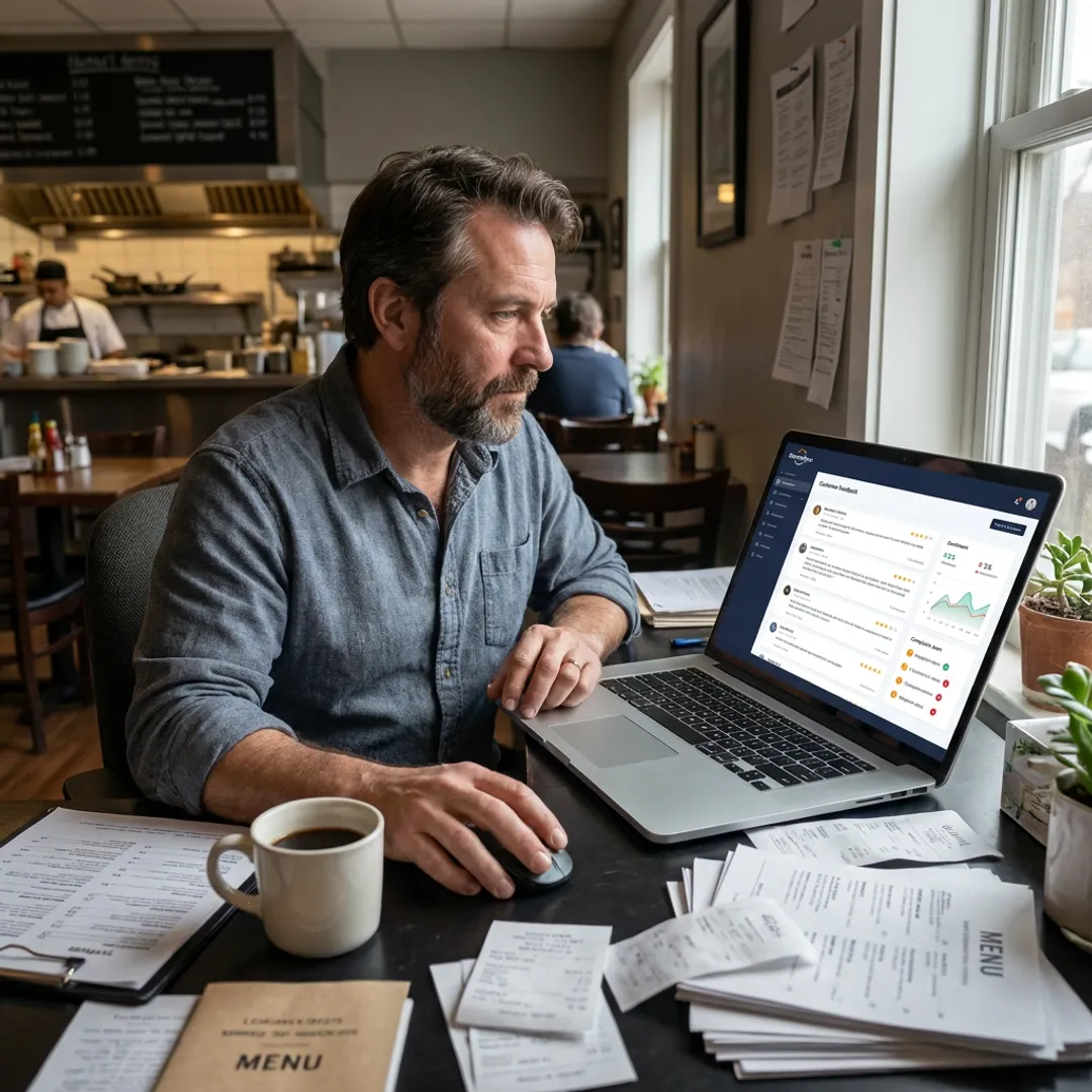 Restaurant owner reviewing customer feedback dashboard