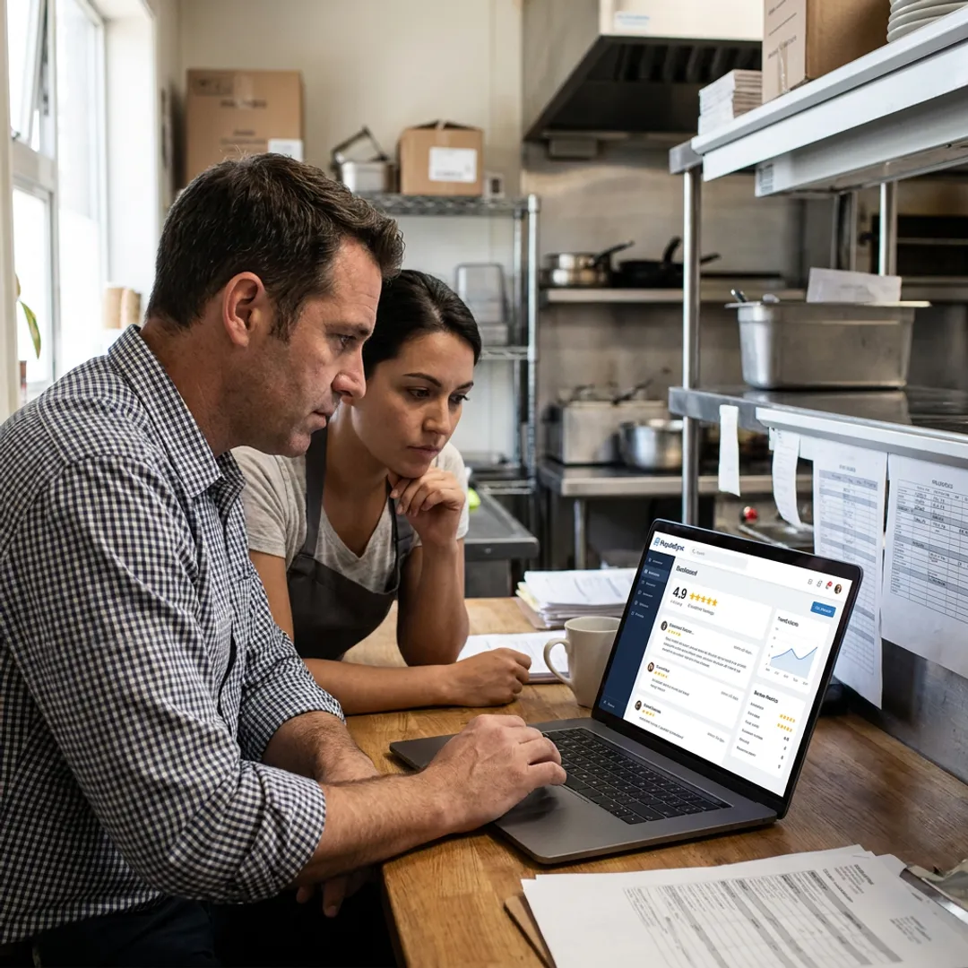 Restaurant team reviewing reputation dashboard