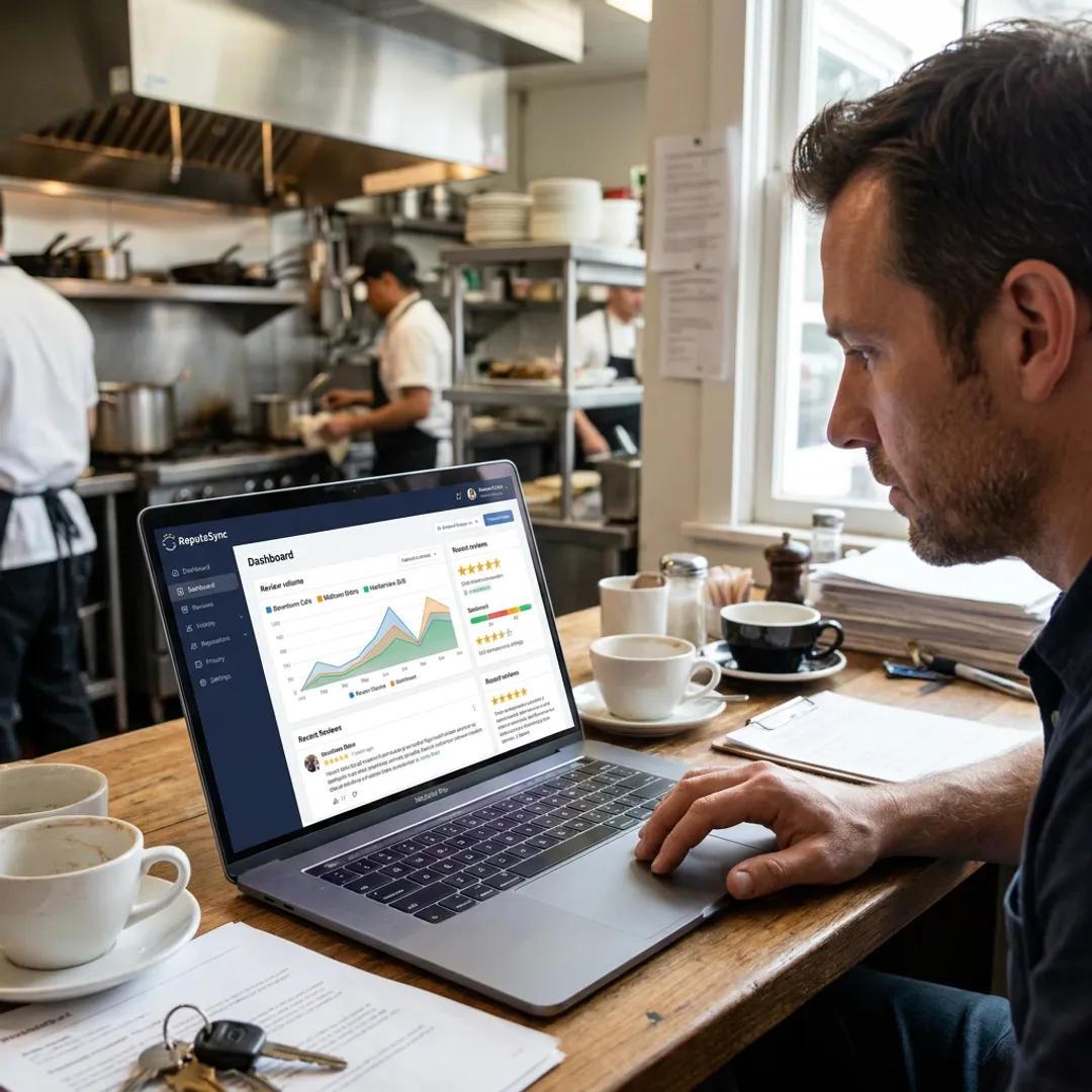 Restaurant manager reviewing online reputation dashboard