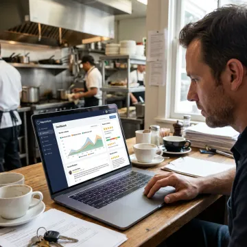 Restaurant manager reviewing online reputation dashboard