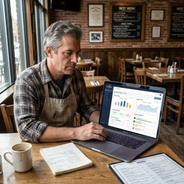 Restaurant owner reviewing customer feedback dashboard