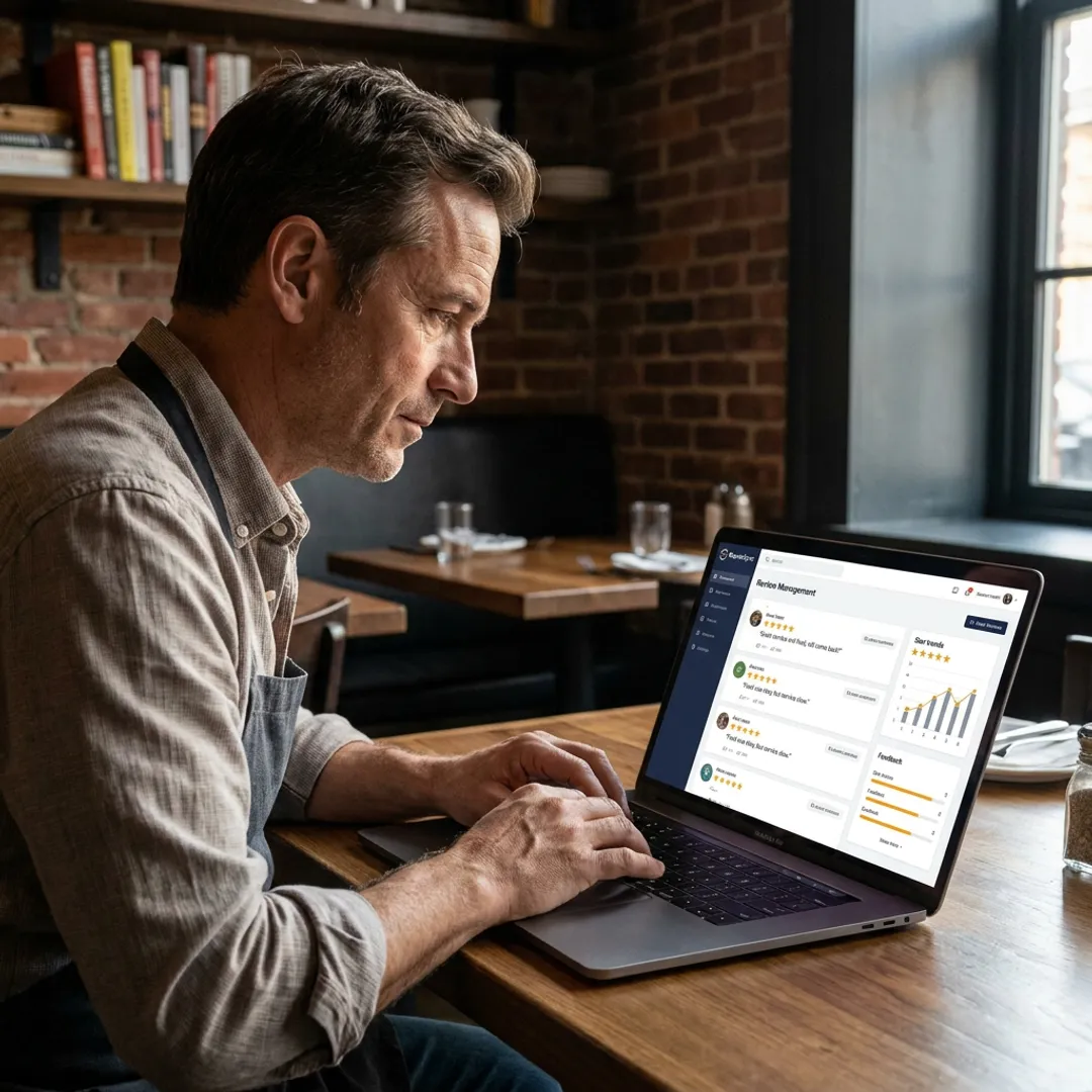 Restaurant owner reviewing online reputation dashboard