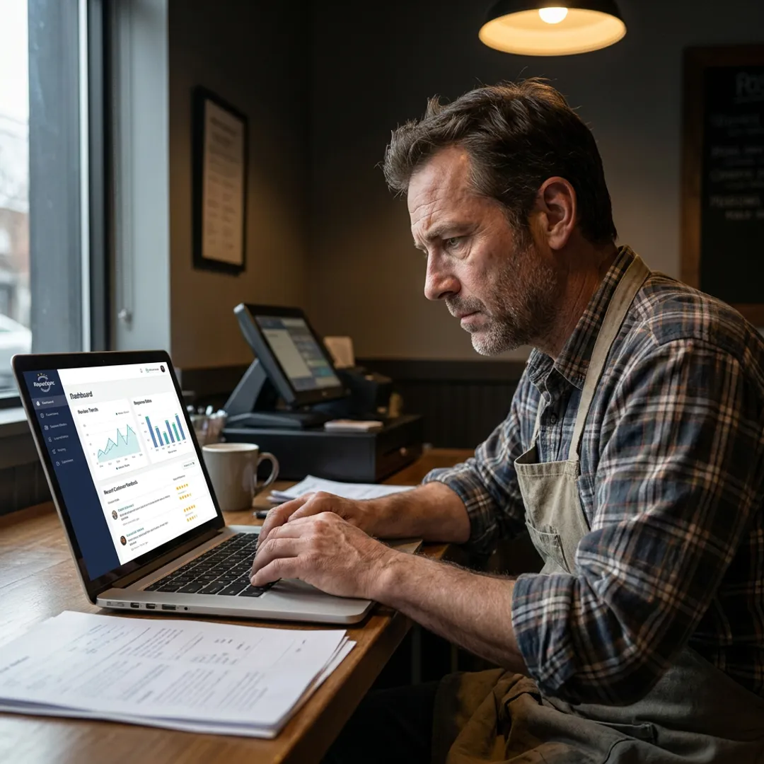 Restaurant owner reviewing reputation dashboard