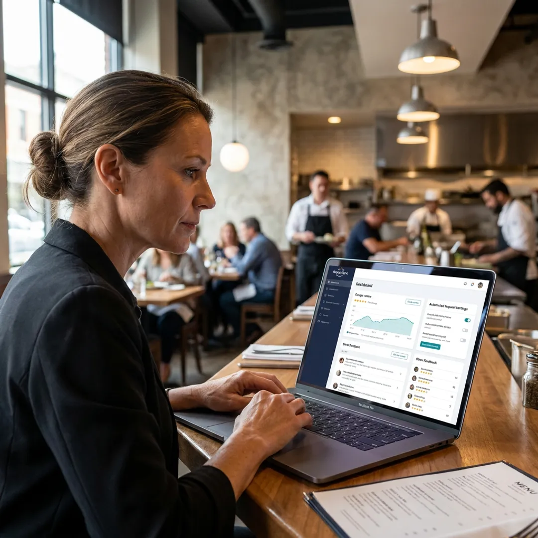 Restaurant manager reviewing automated Google review requests