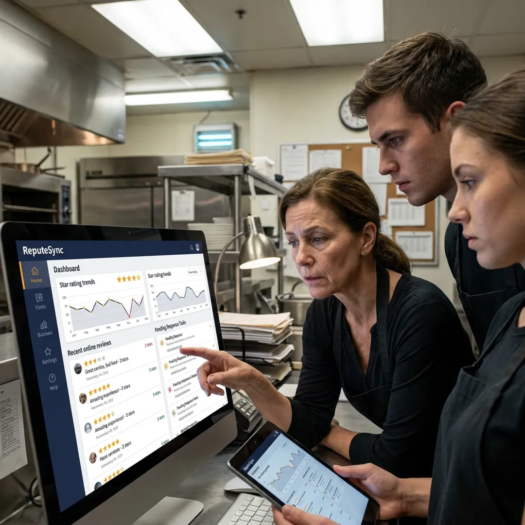 Restaurant staff reviewing guest feedback dashboard