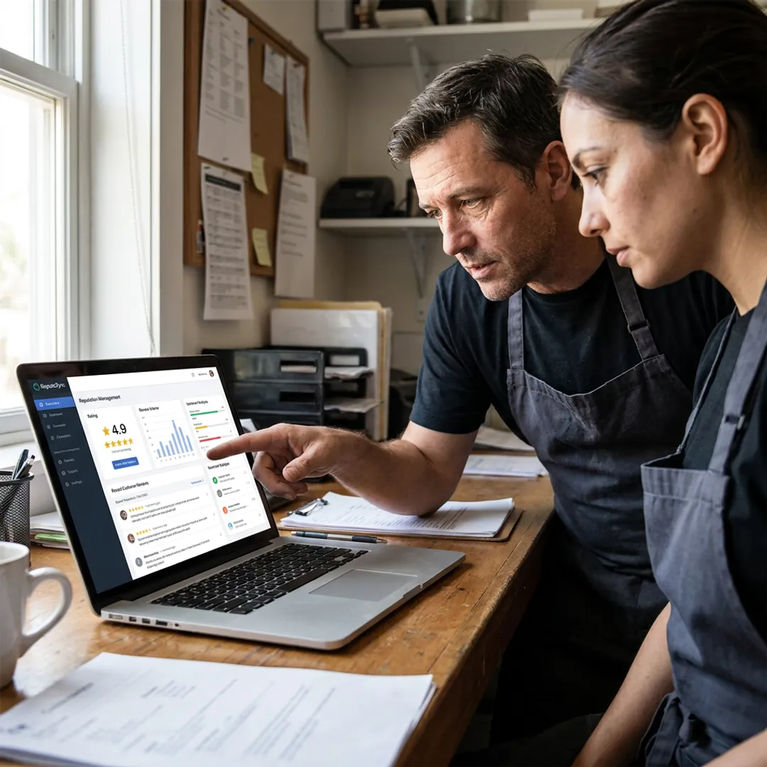 Restaurant team reviewing online reputation dashboard