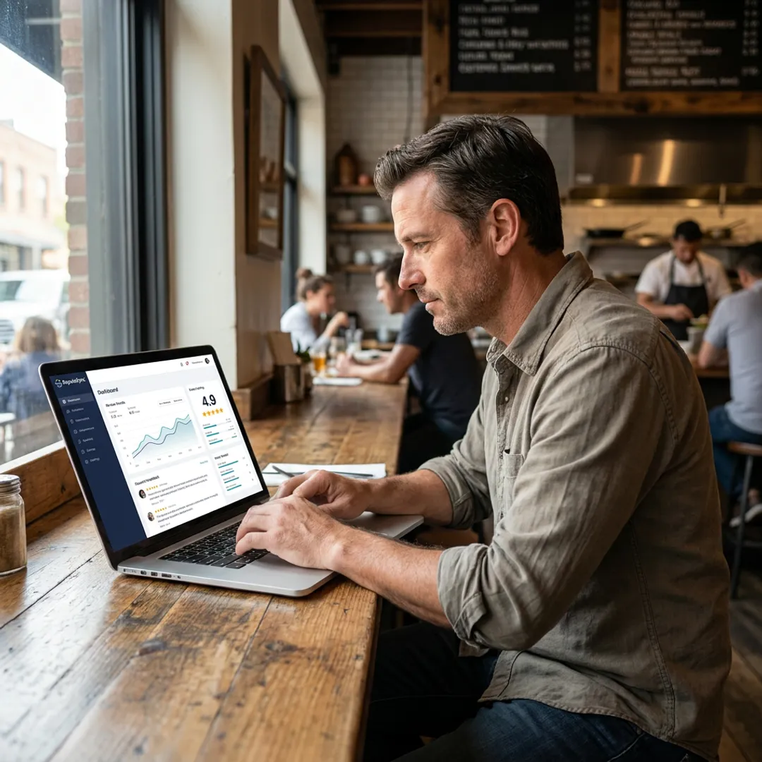 Restaurant owner reviewing online feedback dashboard