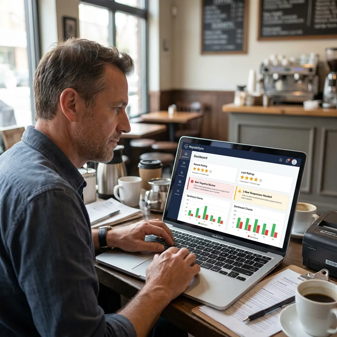 Restaurant owner reviewing online reputation dashboard