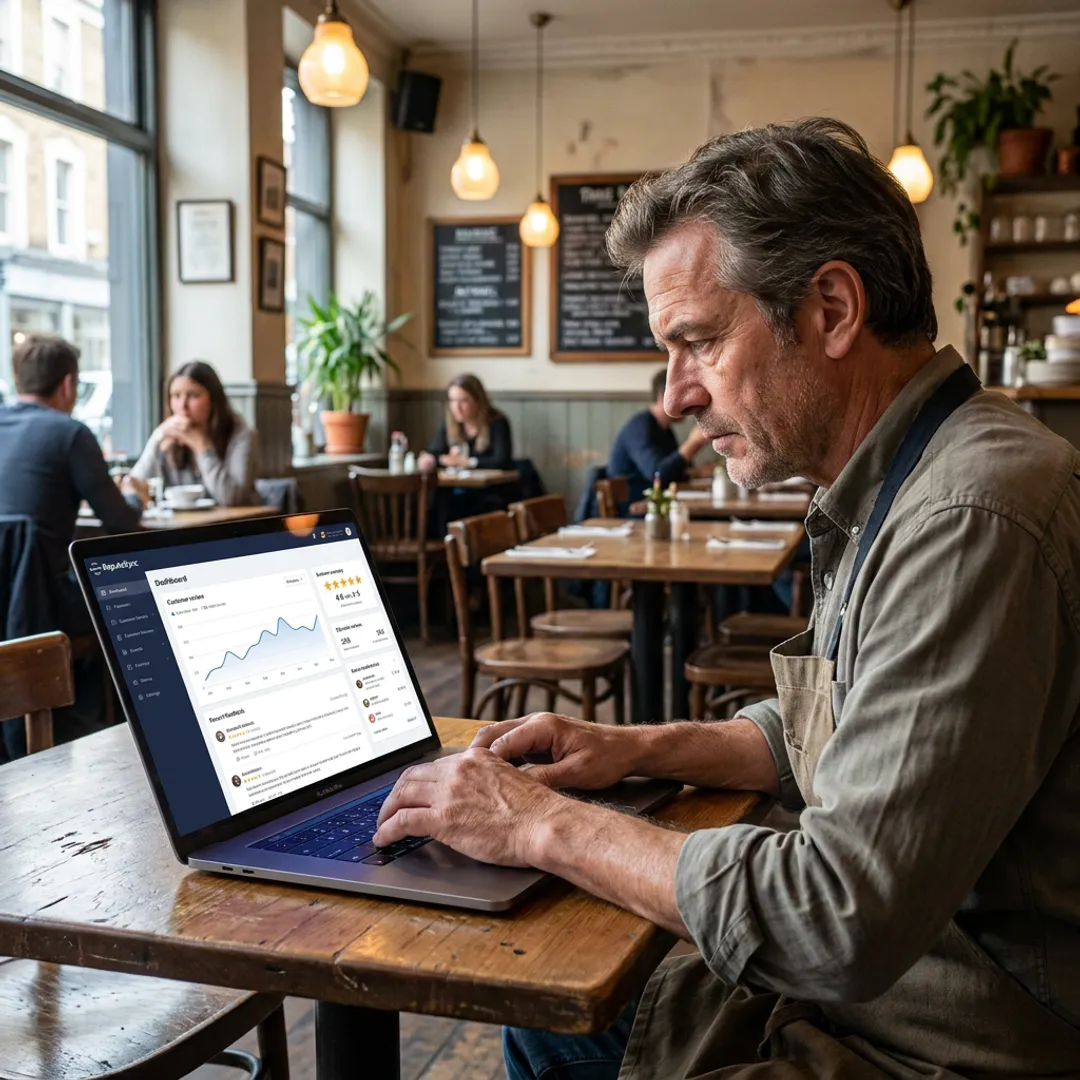 Restaurant owner reviewing customer feedback dashboard