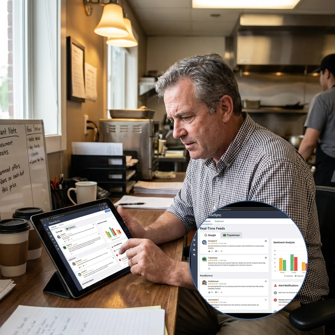 Restaurant owner reviewing customer feedback dashboard