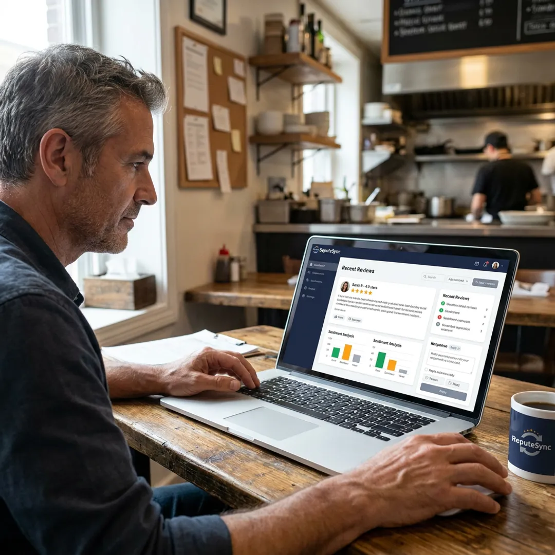 Restaurant owner reviewing customer feedback dashboard