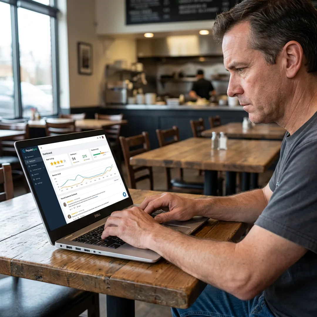 Restaurant owner reviewing customer feedback dashboard