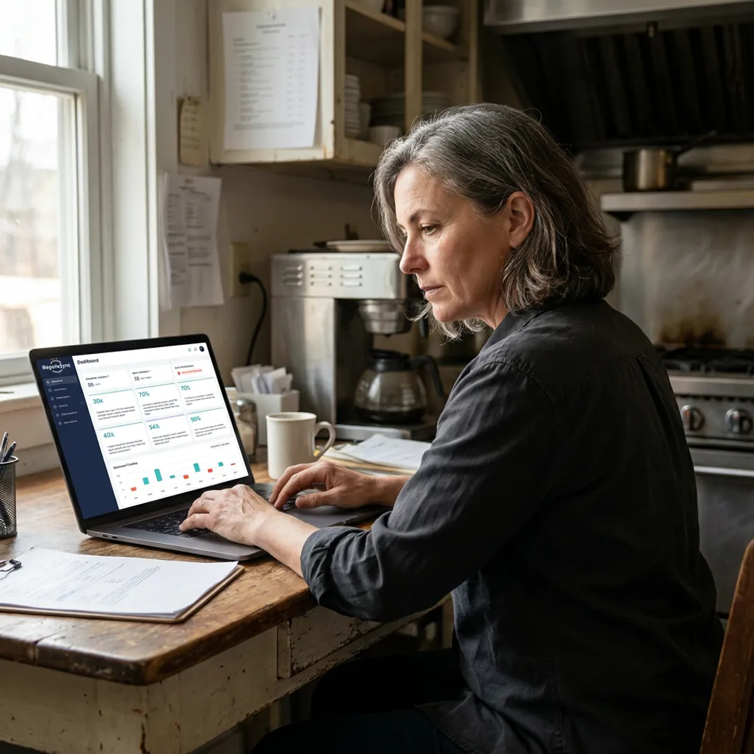 Restaurant owner reviewing online feedback dashboard