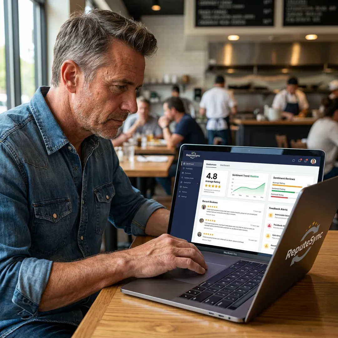 Restaurant owner reviewing customer feedback dashboard
