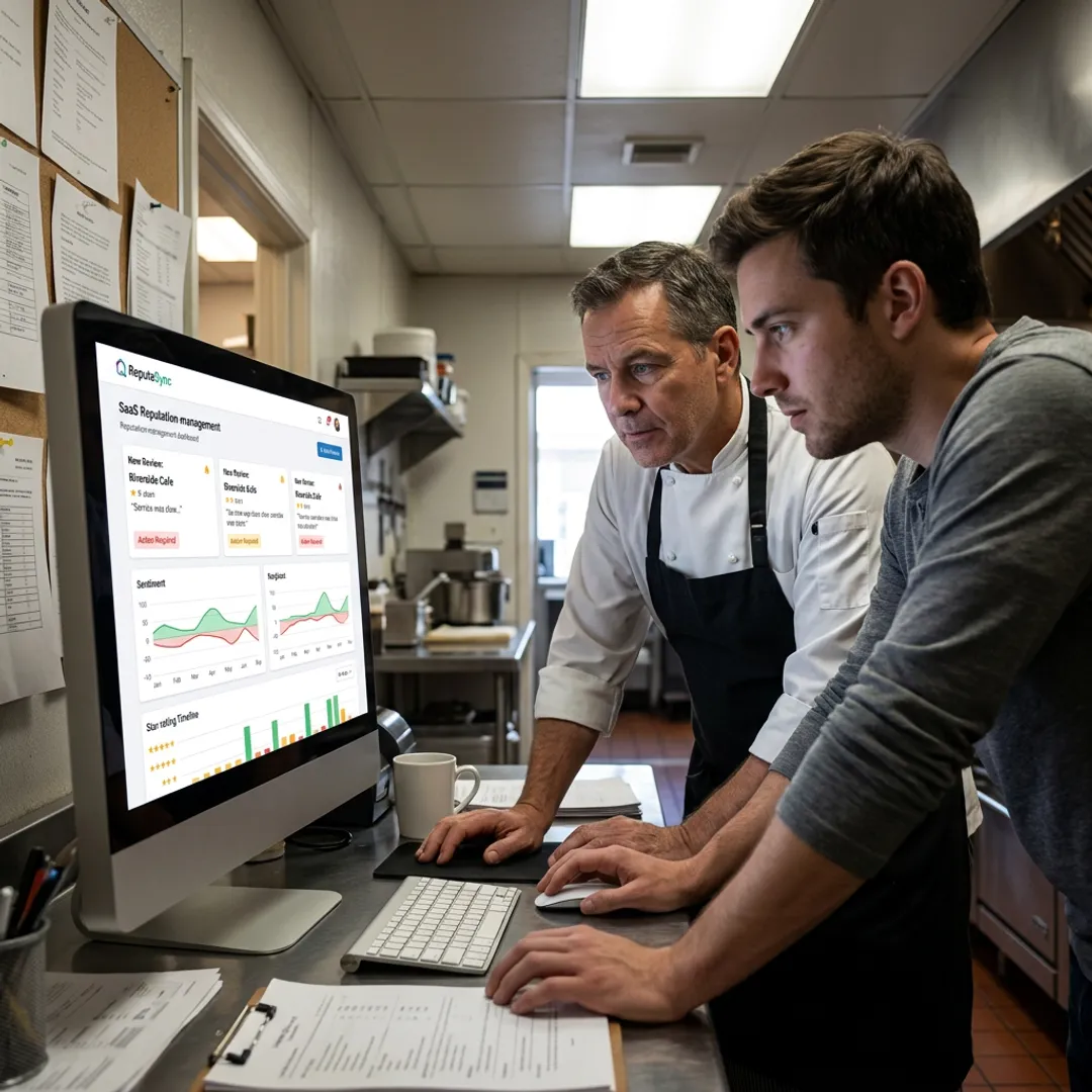 Restaurant manager reviewing reputation dashboard
