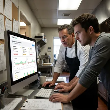 Restaurant manager reviewing reputation dashboard