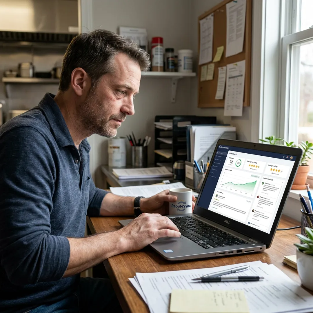Restaurant owner reviewing customer feedback dashboard