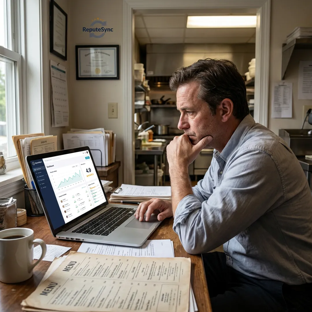 Restaurant owner reviewing complaint tracking dashboard