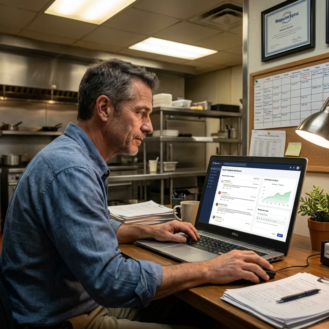Restaurant manager reviewing customer feedback dashboard