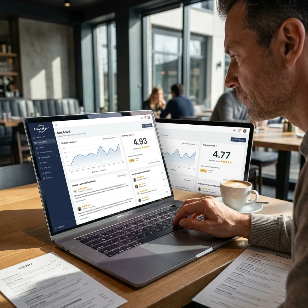Restaurant owner reviewing reputation dashboard