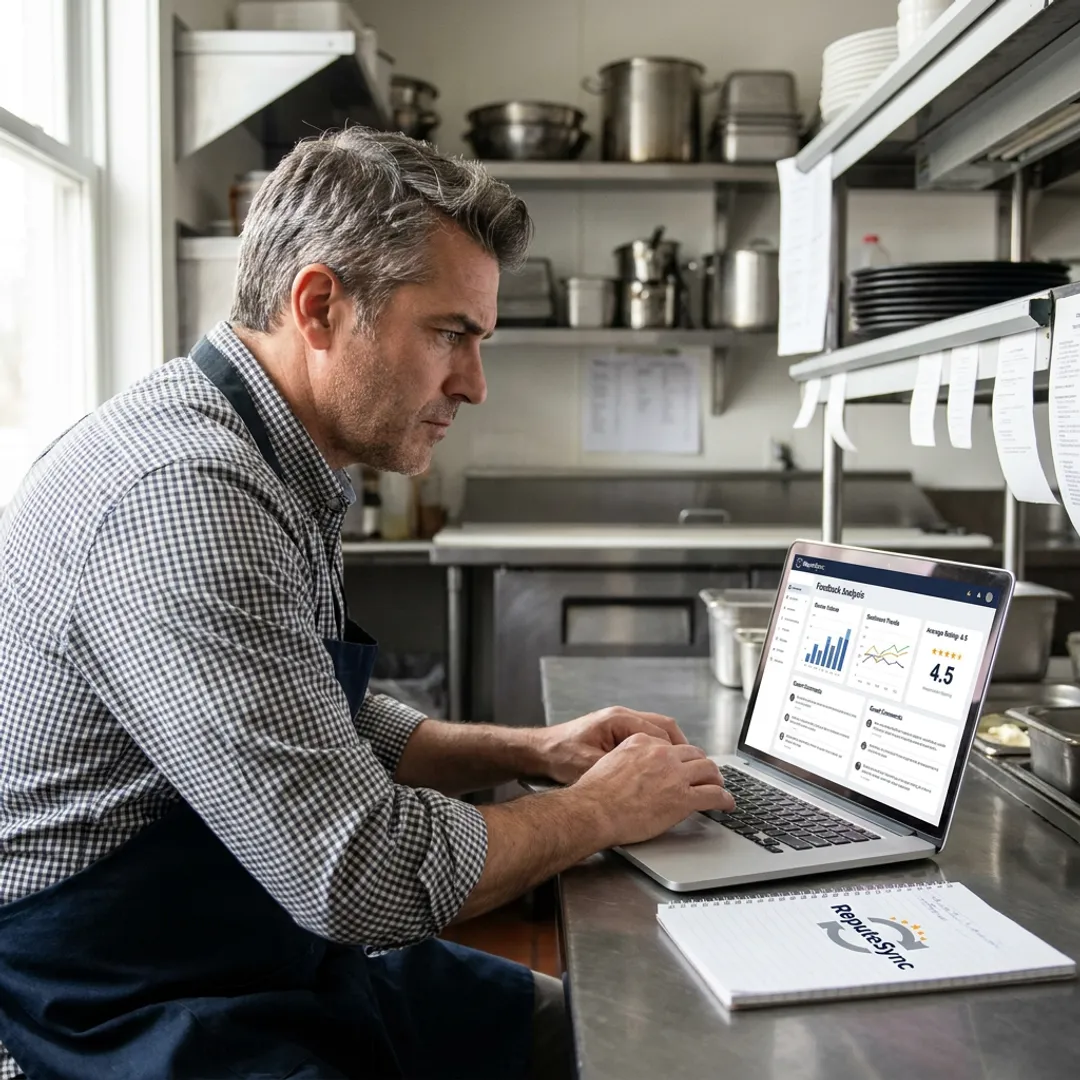 Restaurant owner reviewing customer feedback dashboard