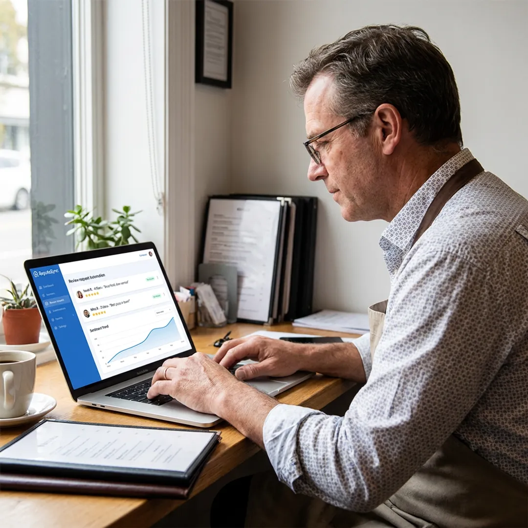 Restaurant owner reviewing online feedback dashboard