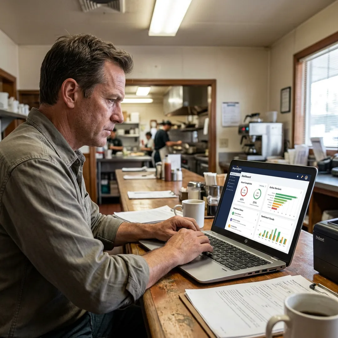 Restaurant manager reviewing customer complaints dashboard