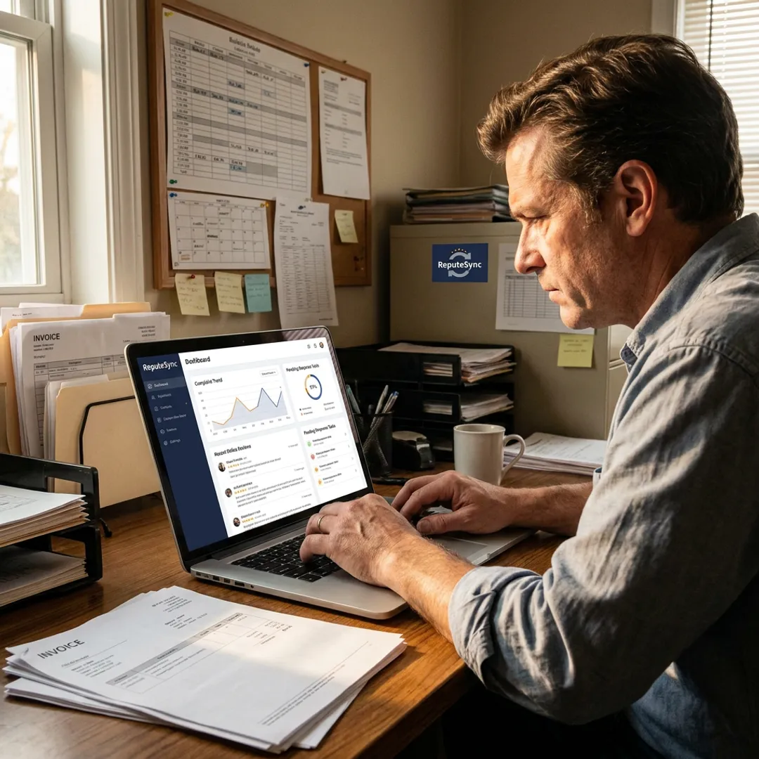 Restaurant owner reviewing complaint management dashboard