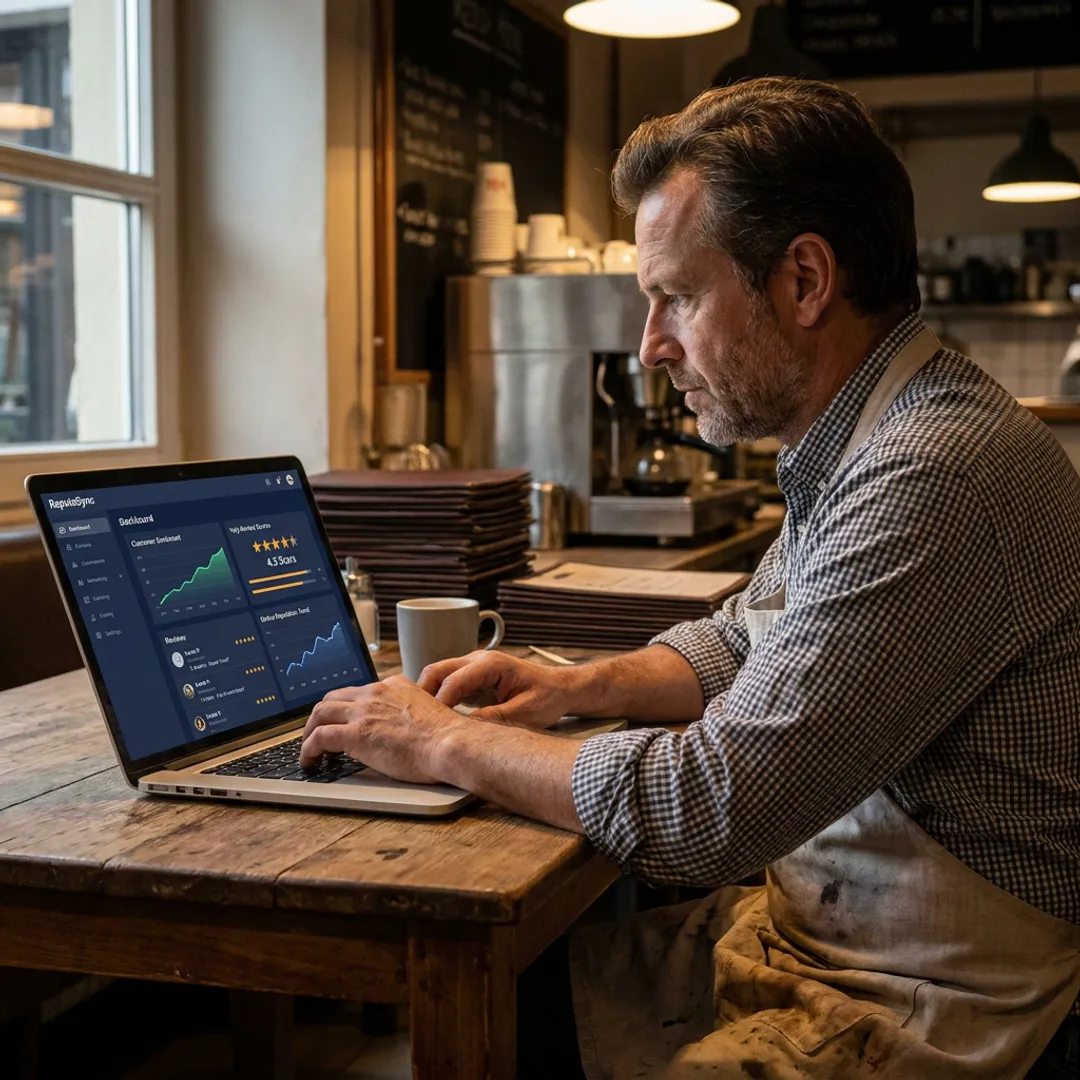 Restaurant owner reviewing Yelp feedback dashboard