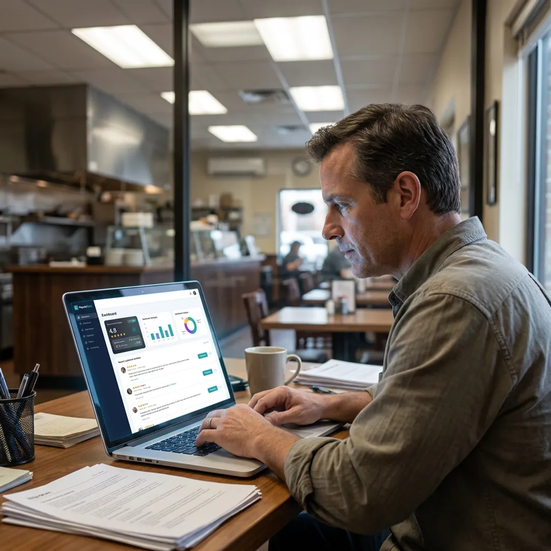 Restaurant owner reviewing customer feedback analytics