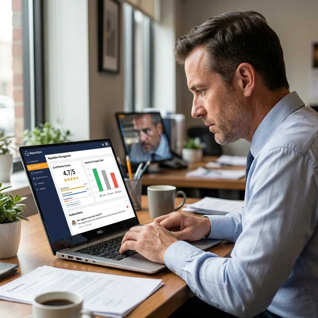 Restaurant manager reviewing customer feedback dashboard