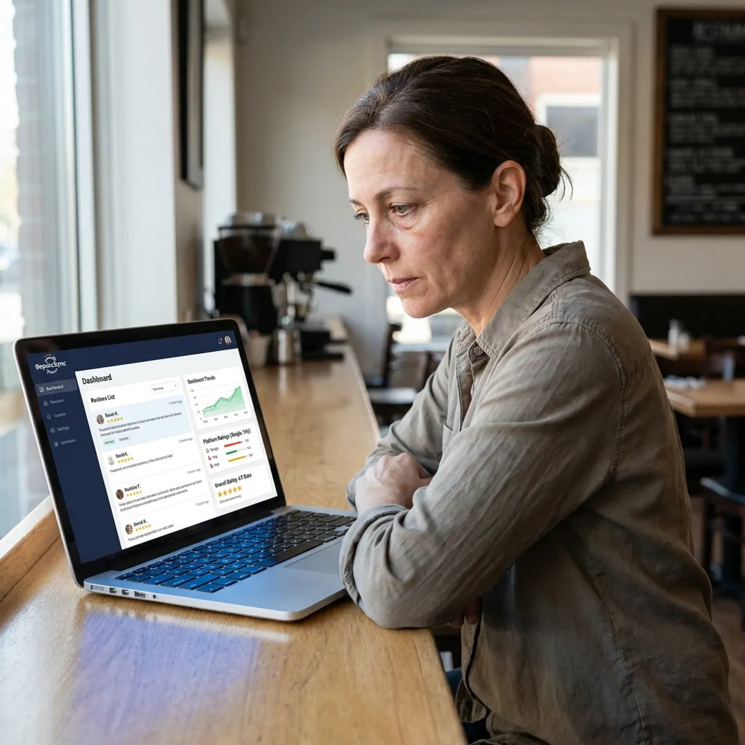 Restaurant owner reviewing customer feedback dashboard