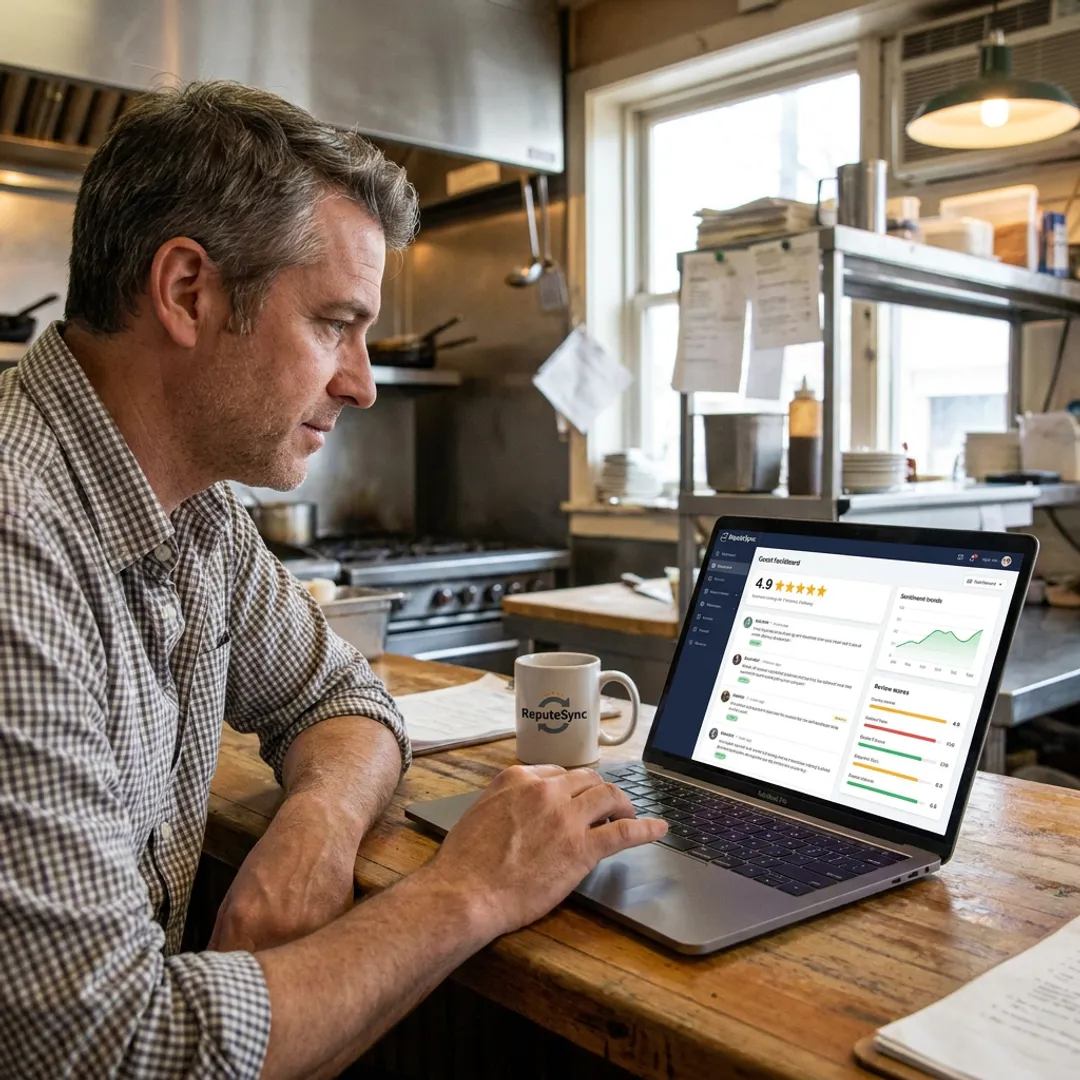 Restaurant owner reviewing customer feedback dashboard