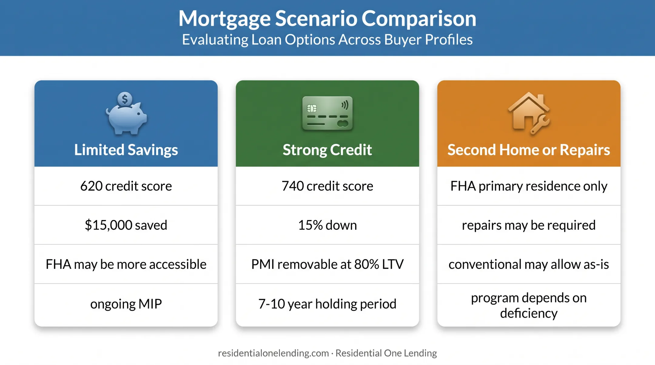 Three FHA versus conventional buyer scenarios comparison