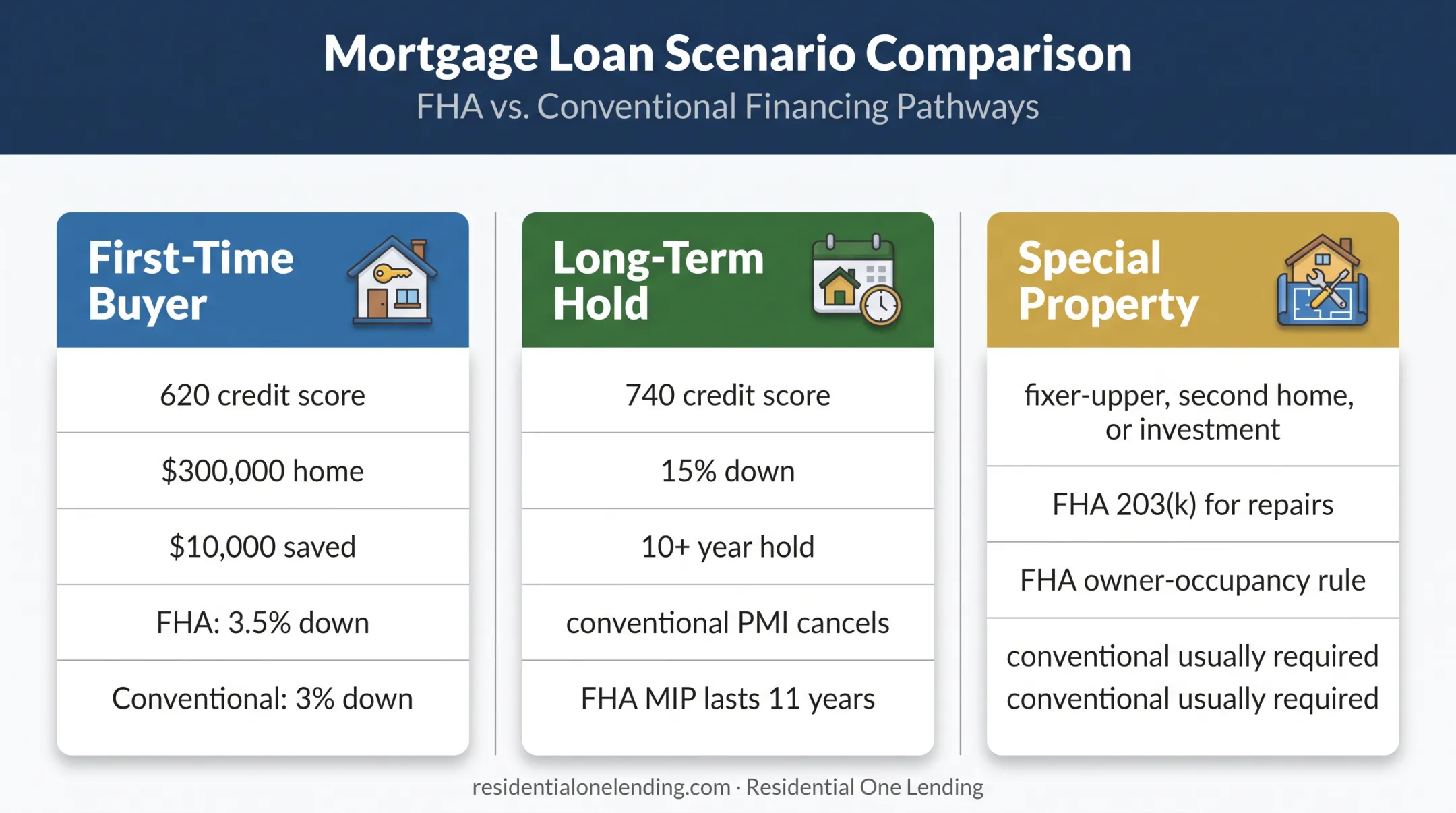 Three FHA and conventional mortgage borrower scenario comparison