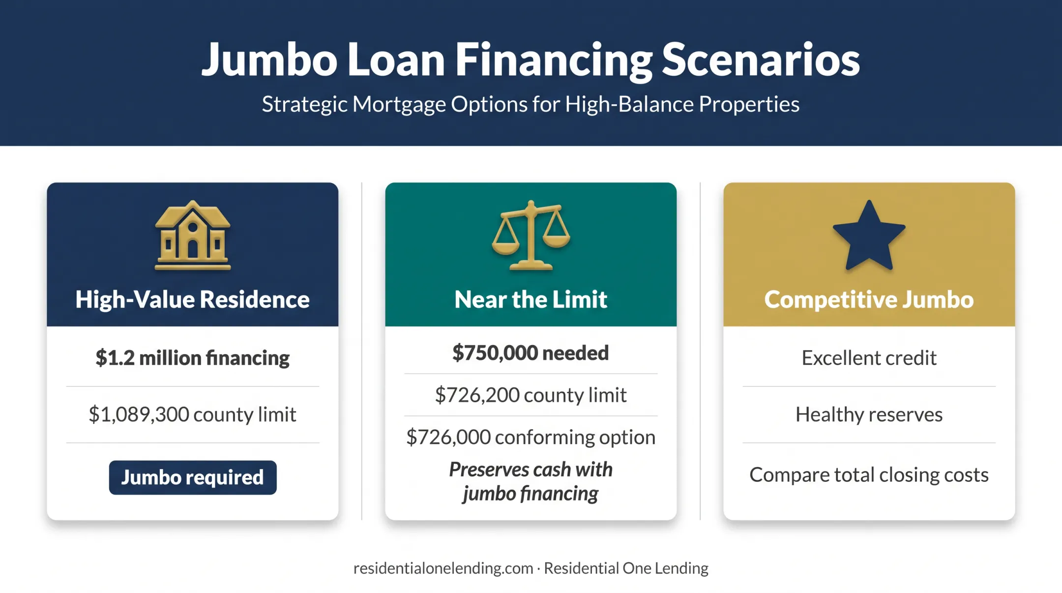 Three mortgage scenarios comparing conforming and jumbo financing choices