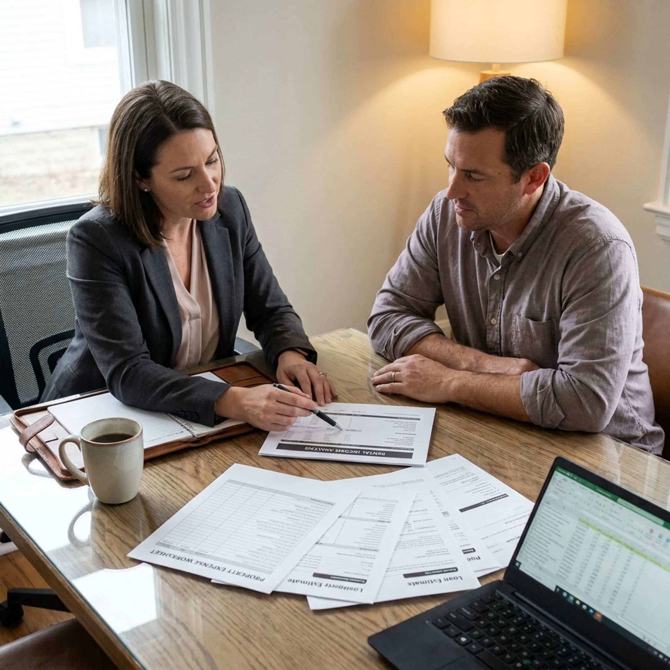 Mortgage professional discussing rental property financing with an investor