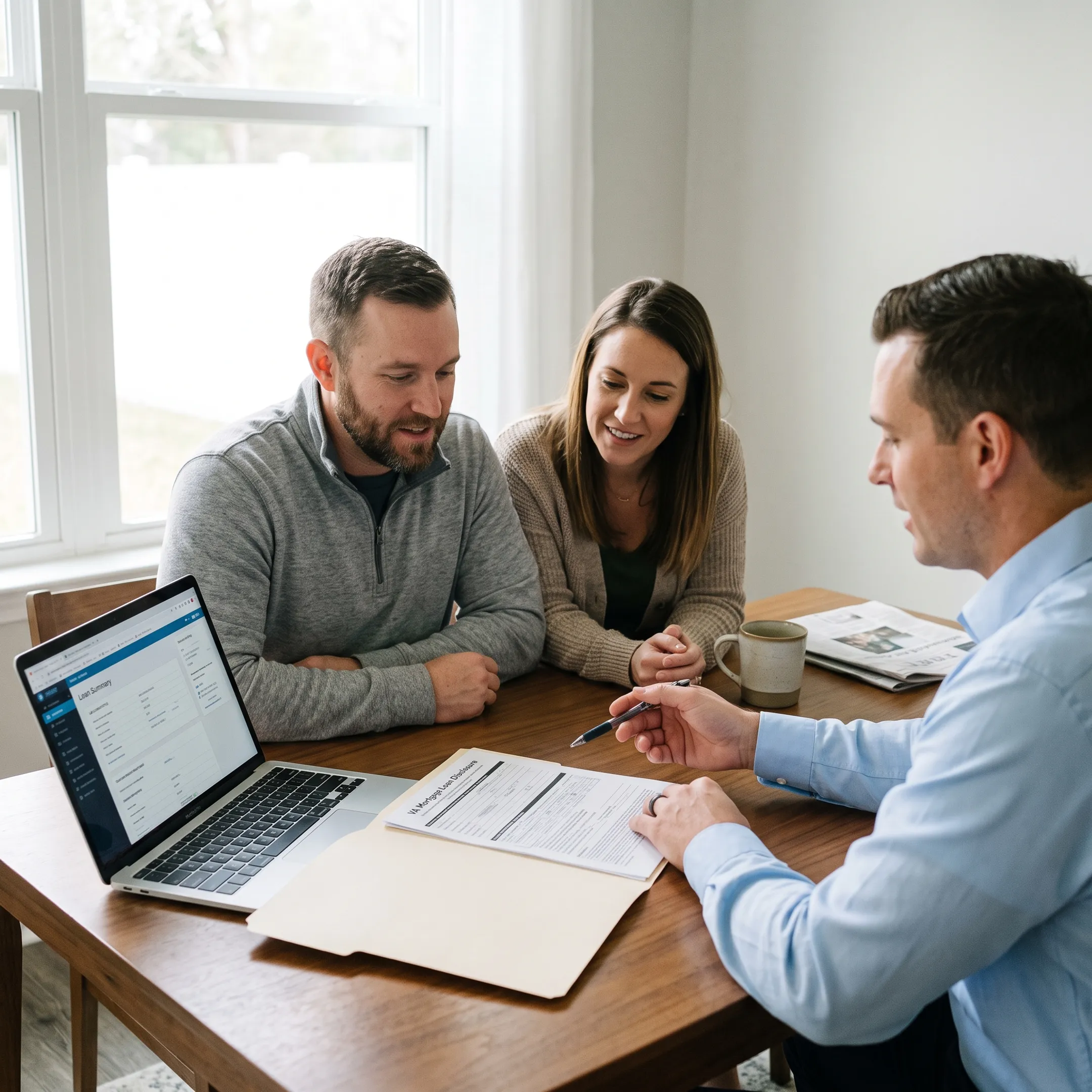 Military family reviewing VA mortgage loan paperwork in Tampa Florida