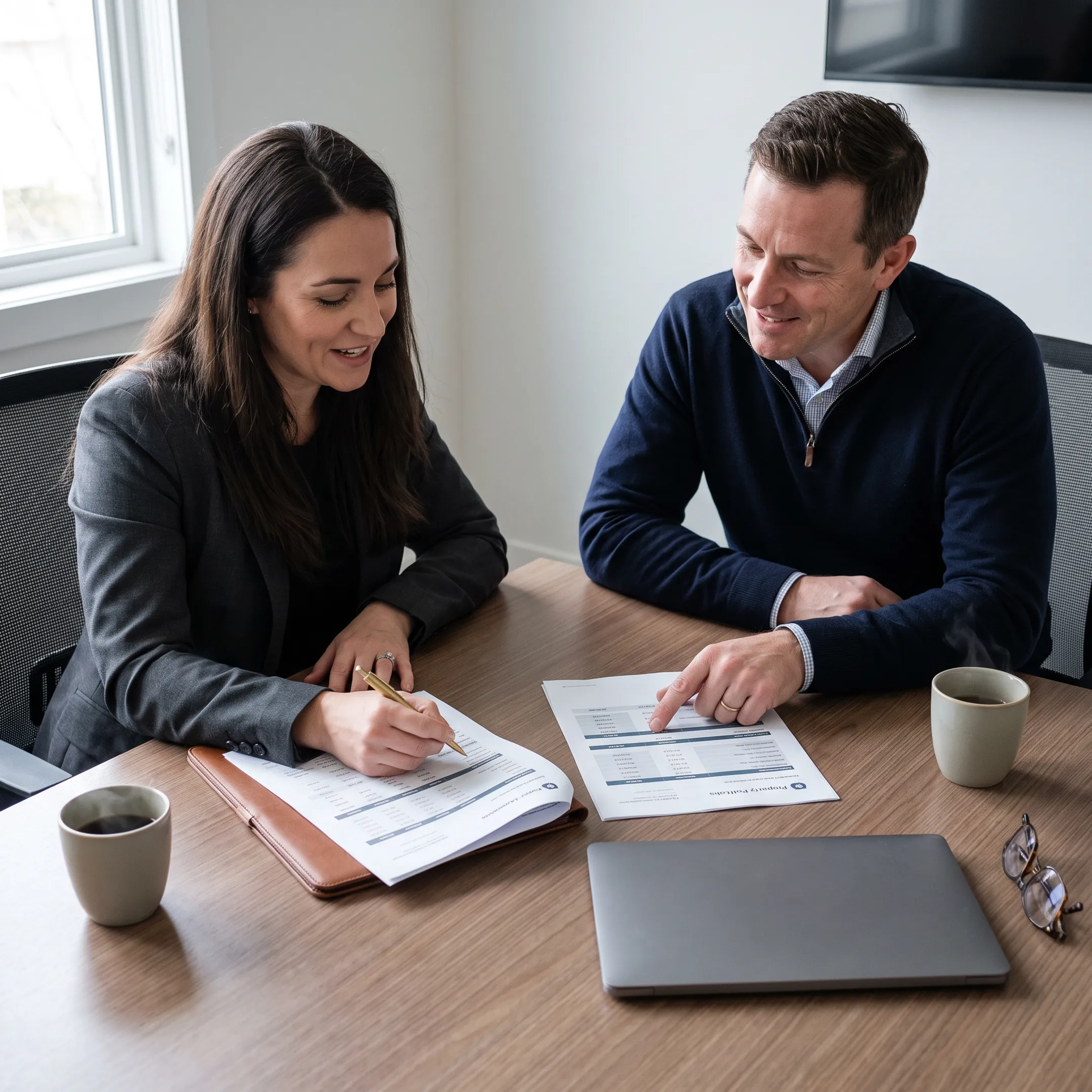 Financial advisor comparing lending spreadsheets with a property investor