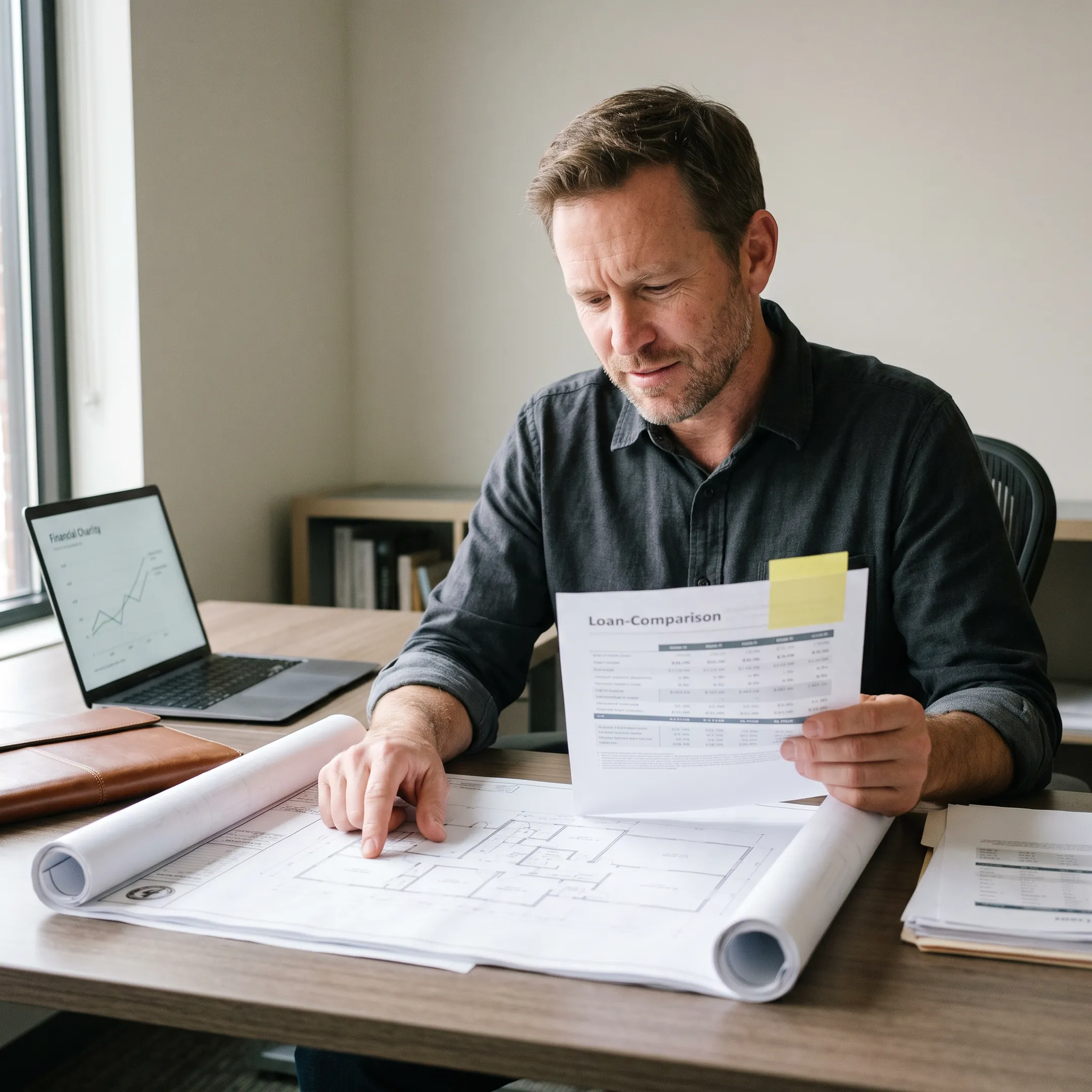 Real estate investor reviewing loan documents and property plans in an office