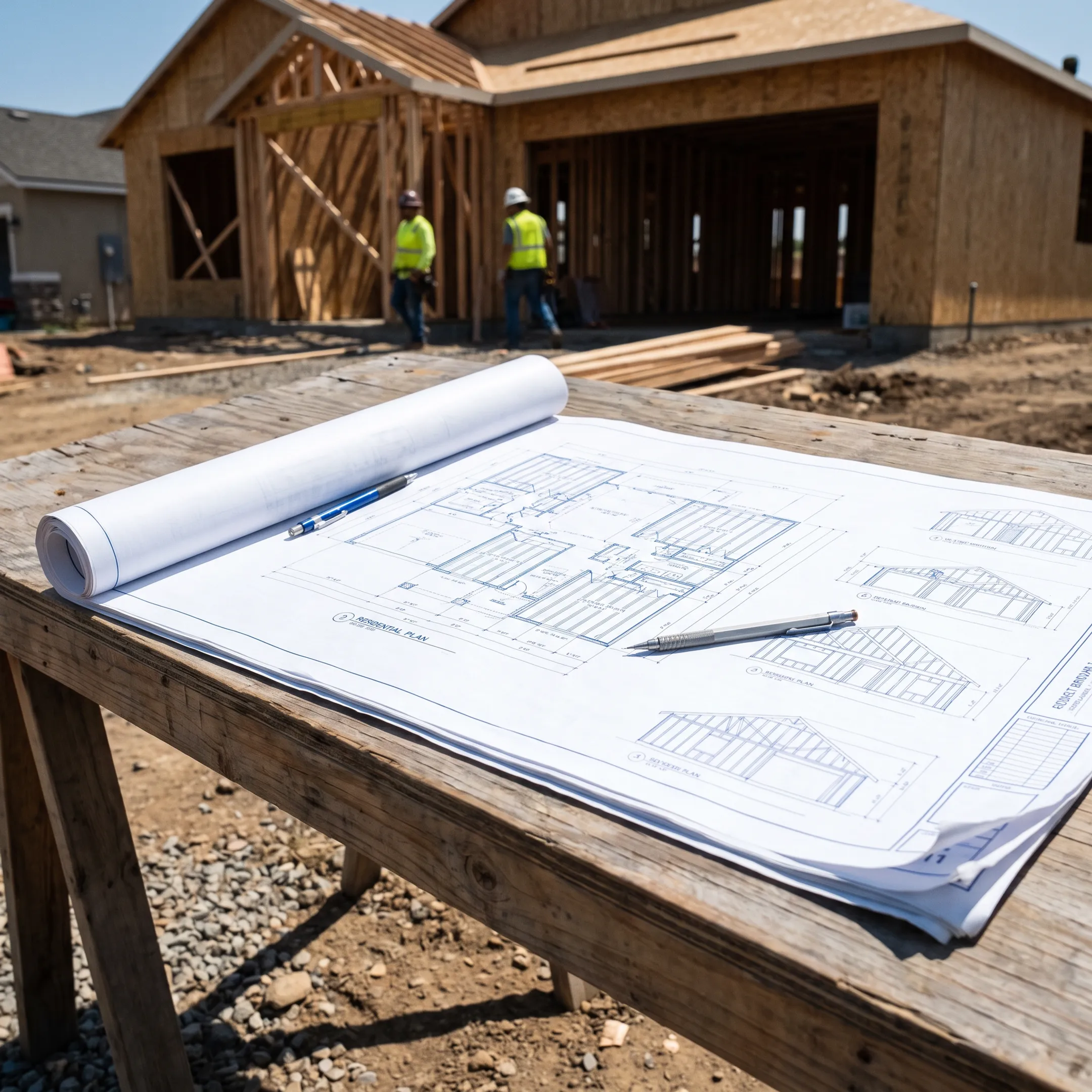 Architectural blueprints and construction site with residential framing underway.