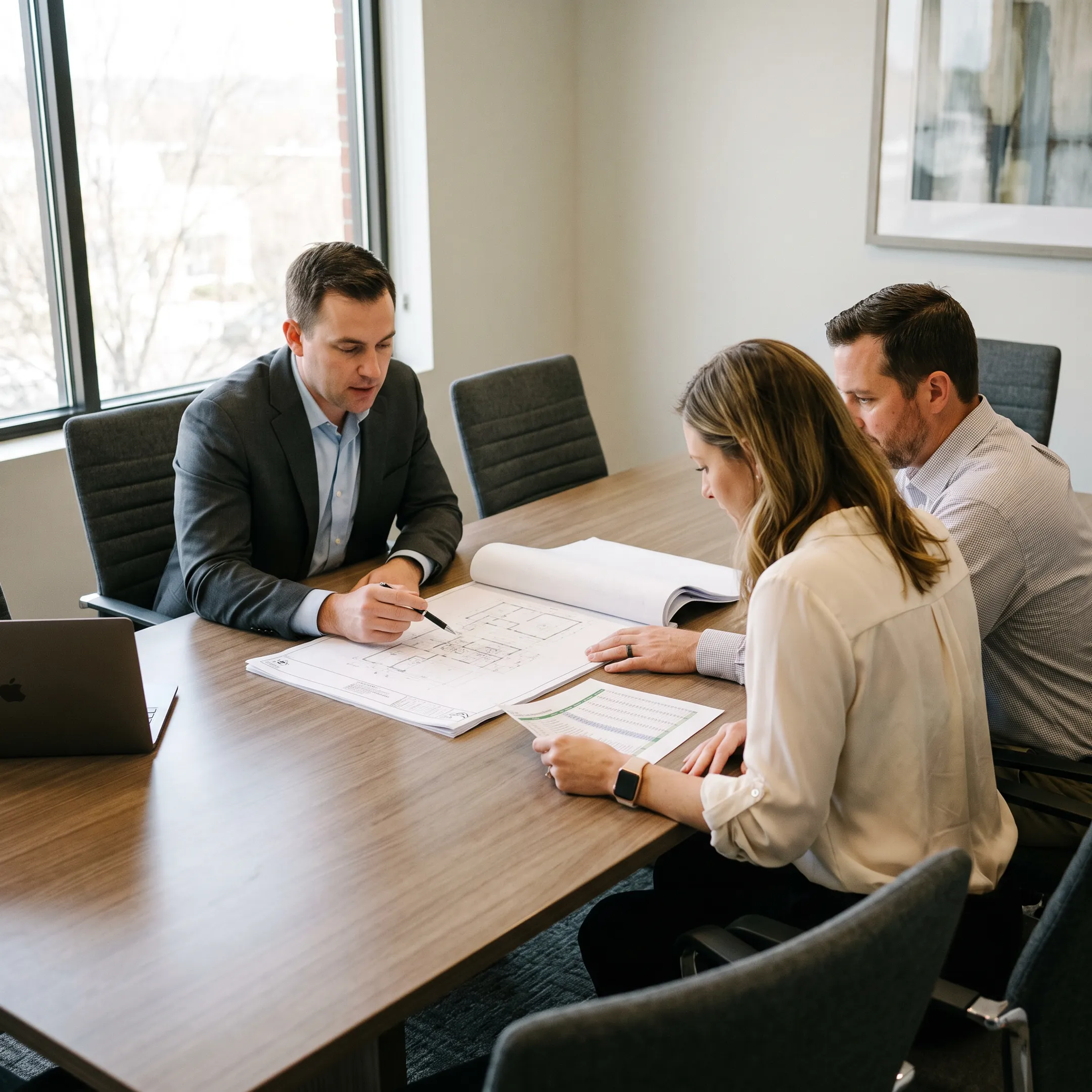 Mortgage advisor reviewing construction finance documents with property developers.